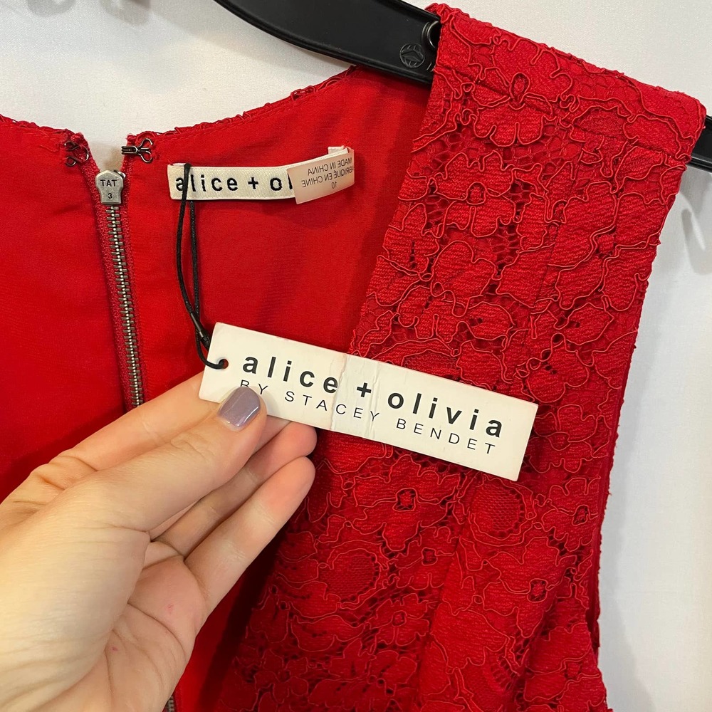 Alice + Olivia Kappa Lace Party Dress Deep V Exposed Zipper Deep Ruby 10 View 5